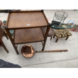 FOUR ITEMS - A TEA TROLLEY, A COPPER WARMING PAN, A SMALL CARVED STOOL AND A FOOT STOOL