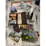 A BRIDGE SET, COIN PAPERWEIGHT AND LETTER OPENER, GROUP OF POSTCARDS ETC