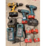 TWO MAKITA BATTERY DRILLS WITH BATTERIES AND CHARGER AND A DEWALT BATTERY DRILL WITH BATTERY AND