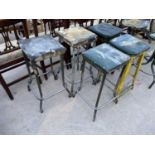 FIVE VARIOUS INDUSTRIAL STOOLS ON STEEL AND CHROME LEGS