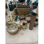 A LARGE QUANTITY OF BRASS AND COPPER ITEMS TO INCLUDE KETTLES, CANDLE STICKS ETC.