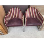 A PAIR OF 1970's STYLE TUB CHAIRS WITH STRIPED UPHOLSTERY, ON CHROME LEGS