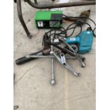 TWO DRILLS, BATTERY CHARGER, AIR RATCHET, CLUTCH PULLER AND WHEEL BRACE
