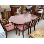 A MODERN STRONGBOW MAHOGANY TWIN-PEDESTAL DINING TABLE, SIX CHAIRS (4+2) AND MATCHING SIDEBOARD