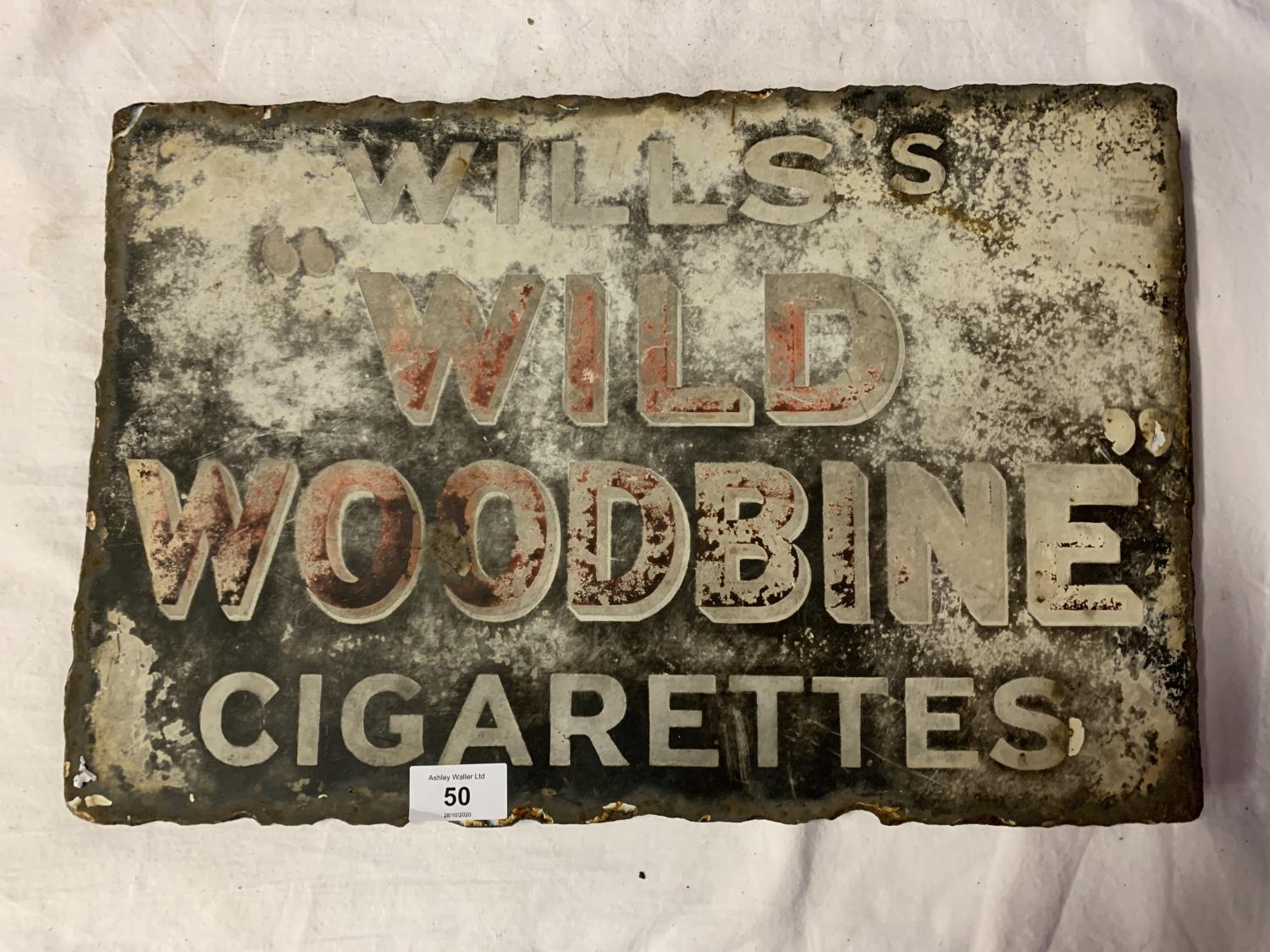 A VINTAGE DOUBLE-SIDED METAL ADVERTISING SIGN ' WILLIS'S WILD WOODBINE CIGARETTES'