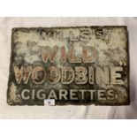 A VINTAGE DOUBLE-SIDED METAL ADVERTISING SIGN ' WILLIS'S WILD WOODBINE CIGARETTES'