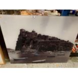 A LARGE ACRYLIC IMAGE OF AN ISLAND HARBOUR