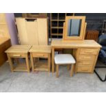 A MODERN OAK DRESSING TABLE COMPLETE WITH MIRROR, STOOL AND PAIR OF BEDSIDE TABLES