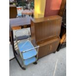 A RETRO METAL DINNER TROLLEY AND VINTAGE TEAK BUREAU, 24" WIDE