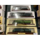 A GROUP OF FOUR MODEL TRAINS ON WOODEN PLINTHS TO INCLUDE SNCF 4-6-4 CLASS