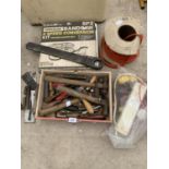A QUANTITY OF HAND TOOLS TO INCLUDE HAMMERS, SPANNERS, A TWO SPEED BAND SAW CONVERSION KIT ETC.