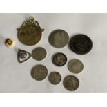 VARIOUS VICTORIAN AND EARLIER COINS - A WILLIAM AND MARY 1689 HALF CROWN, FIVE VARIOUS SHILLINGS