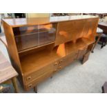 A RETRO TEAK SIDEBOARD WITH CUPBOARDS AND DRAWERS, 78" WIDE