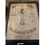 A FRAMED POSTER 'MY DEVON GIRL SUNG BY MISS GERTIE GITANA'
