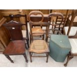 A SINGLE VICTORIAN MAHOGANY HALL CHAIR, FOUR BEDROOM CHAIRS AND A LLOYD LOOM OTTOMAN