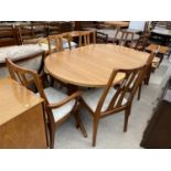A MODERN NATHAN TEAK EXTENDING DIING TABLE AND SIX CHAIRS (4+2), 64x41" UNOPENED