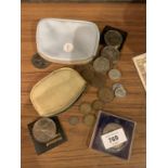 TWO VINTAGE PURSES TO INCLUDE AN ASSORTMENT OF COINS OF VARIOUS CURRENCIES ETC