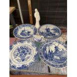 FOUR DELFT PLATES, ROYAL CROWN DERBY CREAM JUG AND ROYAL WORCESTER 'MOMENTS' ORNAMENT