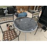 A GARDEN BISTRO TABLE AND TWO METAL CHAIRS