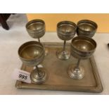 A SET OF FIVE GERMAN SMALL METAL DRINKING GLASSES WITH MATCHING TRAY