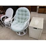 A WICKER SWIVEL CHAIR, ARMCHAIR AND OTTOMAN