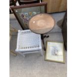 A TAPESTRY FIRE SCREEN, WHITE STOOL, TRIPOD WINE TABLE AND A FRAMED HISTORICAL BUILDING