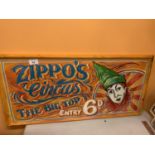 A HANDPAINTED WOODEN SIGN 'ZIPPO'S CIRCUS'