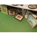 A GROUP OF PICTURES TO INCLUDE AN ABSTRACT OIL ON BOARD, WATERCOLOUR LANDSCAPE, DONKEY IN TRAP AND