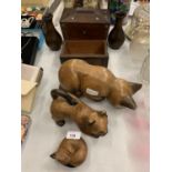 A WOODEN LIDDED BOX, ANOTHER BOX, A GROUP OF WOODEN CATS AND PAIR OF WOODEN VASES