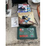 A BOSCH PSR 960 RECHARGEABLE DRILL, A JOINTMASTER JIG AND A 12 VOLT COMPRESSOR