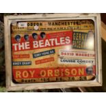 A LARGE METAL PICTURE OF 'THE BEATLES' IN A WOODEN FRAME 44X34CM