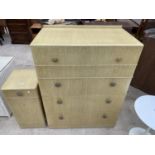 A MID 20TH CENTURY LIMED OAK CHEST OF FIVE DRAWERS AND A BEDSIDE CABINET
