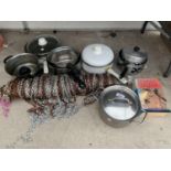A COLLECTION OF POTS AND PANS, A HARRY POTTER BOOK AND METAL CHAINS