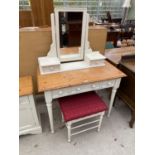 A PINE AND PAINTED DRESSING TABLE AND STOOL