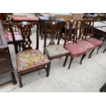 TWO 19TH CENTURY COUNTRY CHAIRS AND THREE EDWARDIAN DINING CHAIRS