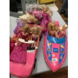 A BARBIE CAR, BOAT AND SCOOTER WITH SIX DOLLS AND FURTHER ITEMS