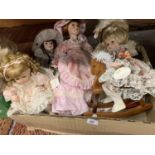 FIVE PORCELAIN HEADED DOLLS TO INCLUDE BETHANY ON A ROCKING HORSE