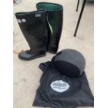 A BRAND NEW PAIR OF DUBLIN SIZE 38 RIDING BOOTS WITH NEW AND BAGGED JUNIOR CHAMPION SIZE 7 RIDING