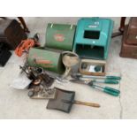 THREE GRASS BOXES AND VARIOUS GARDEN TOOLS