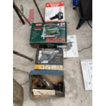 A RECORD NO 3 PLANE IN BOX, LAMINATE CUTTER, BOSCH PST 680E JIGSAW AND AN ELECTRIC SOLDERING GUN