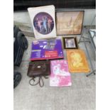 A VINTAGE LEATHER SATCHEL, TWO METAL SIGNS, A COLOURING SET, PICTURES ETC