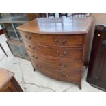 A 19TH CENTURY MAHOGANY BOWFRONTED CHEST OF FOUR GRADUATED DRAWERS, 38" WIDE