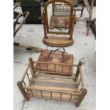 A WOODEN DRESSING TABLE MIRROR, AN UNUSUAL LEATHER BRIEFCASE AND A MINIATURE DOLL'S COT