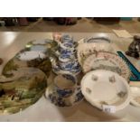 FOUR BURLEIGH WARE CUPS AND SAUCERS, LIMOGES COLLECTABLE PLATES, SEVERAL ASSORTED PLATES AND A