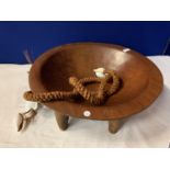 A LARGE TREEN SIX LEGGED BOWL WITH ROPE AND SHELL DETAIL