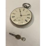A HALLMARKED LONDON SILVER FUSEE POCKET WATCH WITH KEY. MOVEMENT WORKING AT TIME OF CATALOGING