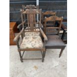 A PAIR OF EARLY 20TH CENTURY ELBOW CHAIRS ON BARLEYTWIST FRONT LEGS AND A PAIR OF EDWARDIAN