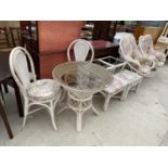 NINE ITEMS OF WICKER CONSERVATORY FURNITURE - A TABLE AND CHAIRS, TWO STOOLS, TWO SMALL COFFEE