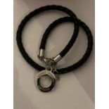 A HUGO BOSS PERFUME LEATHER NECKLACE WITH WHITE METAL PENDANT