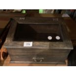 A VINTAGE WOODEN COUNTER TOP CABINET WITH GLASS UPPER AND SMALL DRAWER